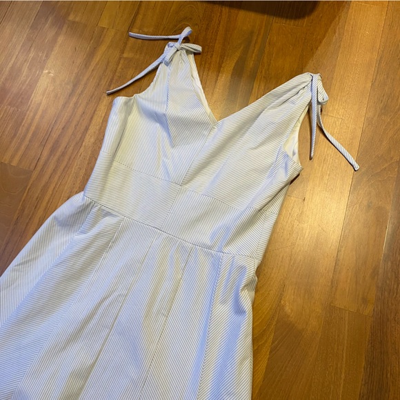 Vintage Y2K Blue Pinstripe Fitted Bodice Button-Up Sleeveless Summer Dress - Picture 9 of 15